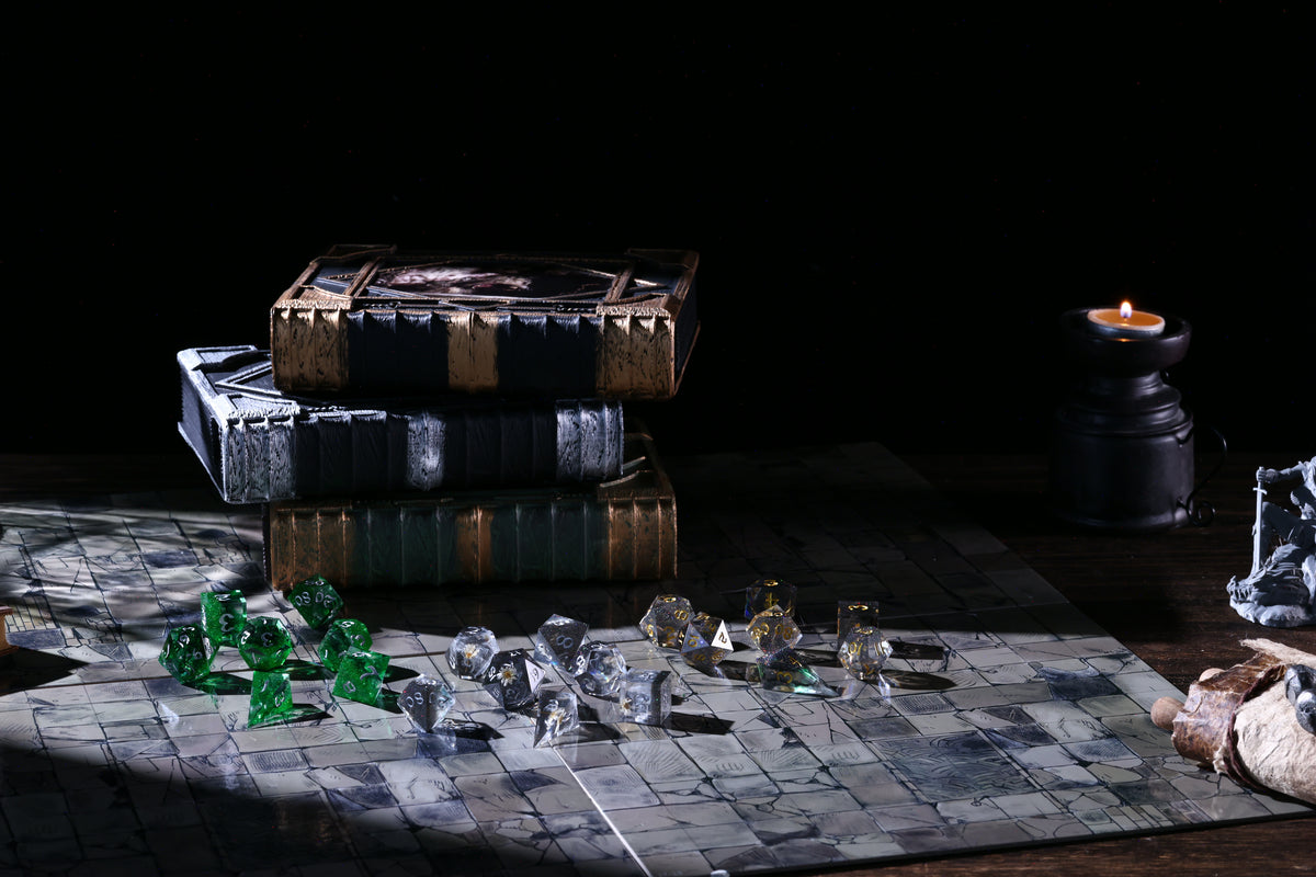 Evoke Tome dice tower and polyhedral dice on a fantasy gaming table